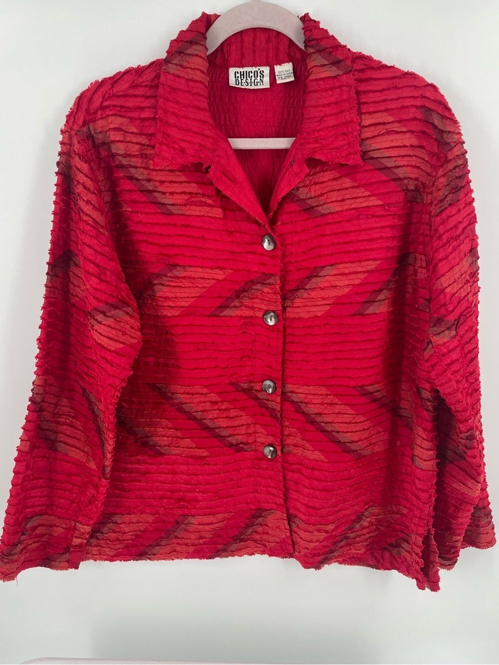 Chico's Design Vintage Red Silk Art to Wear Pleated Ribbon Shacket Top Blouse
